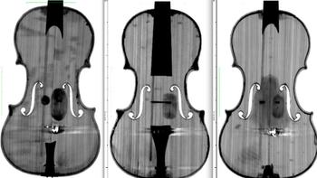 CT Scans of 3 Classic Violins: the Plowden, Willemotte, and Titian (front detail)